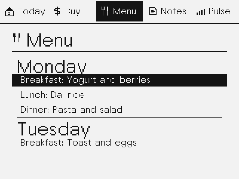 Hearth host-simulator Menu screen with a weekly meal plan
