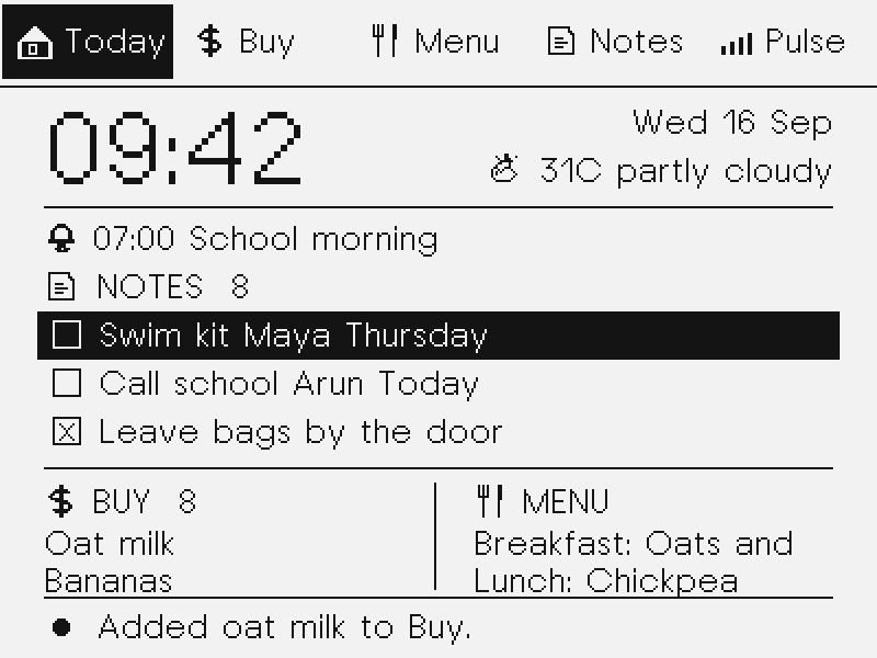 Hearth host-simulator Today screen with clock, weather, notes, and shopping/menu previews